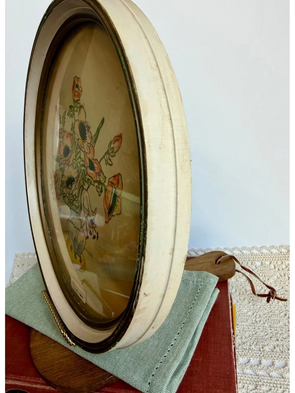 Vintage 1940s Hand Painted Floral Wall Art Round Peony Painting Ivory Frame
